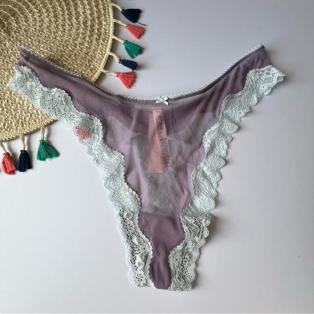 Victoria's Secret Tease Mesh Lace-Trim High-Leg Thong Panty Frozen Plum XL NEW